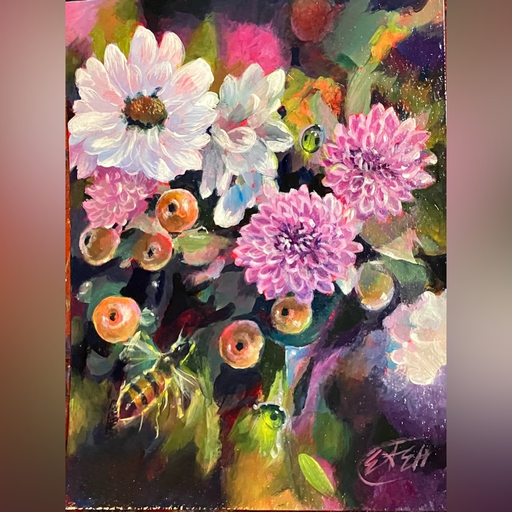 ORIGINAL floral still life painting Honeybee Art Flower Bee Nature bouquet